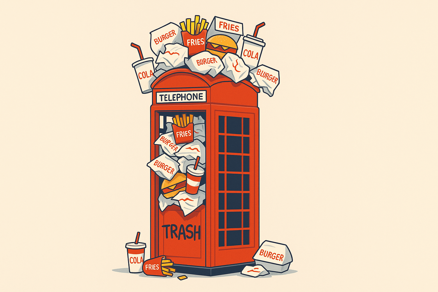 Leaving Your Garbage on the Sidewalk **Hero Image Creative Brief:** **Subject:** Humorous juxtaposition: A classic red British phone booth overflowing with American-style trash (fast food containers, etc.). **Style:** Clean, modern illustration or photo with a slight comedic tone. **Mood:** Playful, slightly ironic, and relatable, highlighting the US/UK language disconnect.